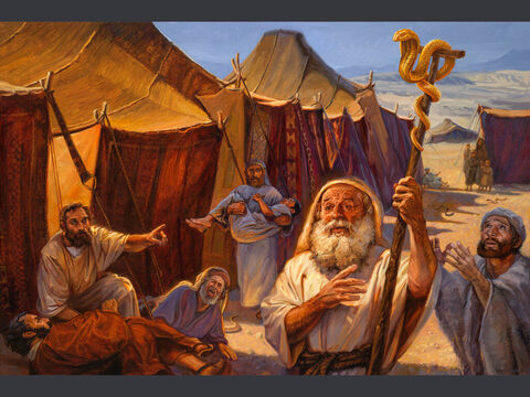 A serpente de bronze. “O Senhor disse a Moisés: ‘Faça uma serpente e coloque-a no alto de um poste; quem for mordido e olhar para ela viverá’. Moisés fez então uma serpente de bronze e a colocou num poste. Quando alguém era mordido por uma serpente e olhava para a serpente de bronze, permanecia vivo.” (Números 21:8–9) Texto completo: Números 21:4–9 – Slide número 10