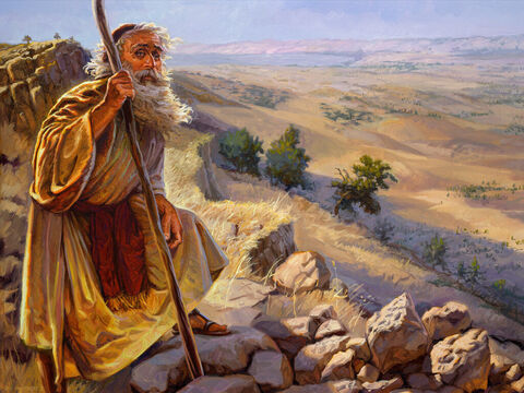 Moisés no monte Nebo. “Então, das campinas de Moabe Moisés subiu ao monte Nebo, ao topo do Pisga, em frente de Jericó. Ali o Senhor lhe mostrou a terra toda...” (Deuteronômio 34:1) Texto completo: Deuteronômio 34:1–7 – Slide número 11