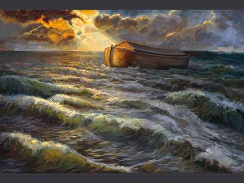 A arca sobre as águas. “E as águas prevaleceram sobre a terra cento e cinquenta dias.” (Gênesis 7:24) Texto completo: Gênesis 7:17–24, 1 Pedro 3:20–21 – Slide número 3