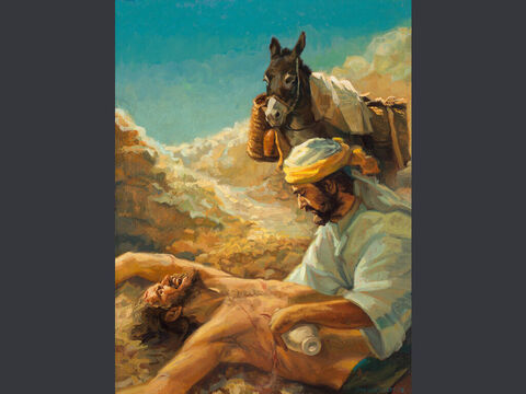 O bom samaritano. “Mas um samaritano, estando de viagem, chegou onde se encontrava o homem e, quando o viu, teve piedade dele. Aproximou-se, enfaixou-lhe as feridas, derramando nelas vinho e óleo. Depois colocou-o sobre o seu próprio animal, levou-o para uma hospedaria e cuidou dele.”  (Lucas 10:33–34) Texto completo: Lucas 10:25–37 – Slide número 3