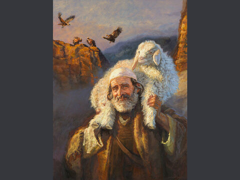 A parábola da ovelha perdida – Pintura 1. “E quando a encontra, coloca-a alegremente nos ombros” (Lucas 15:5) Texto completo: Lucas 15:3–7 – Slide número 7