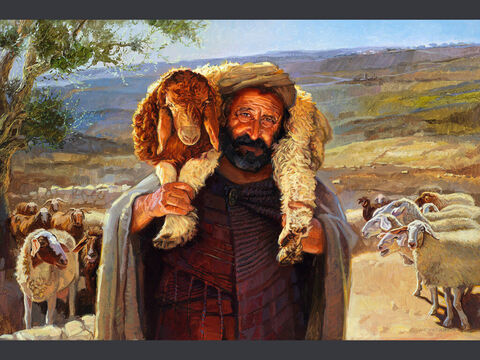 A parábola da ovelha perdida – Pintura 2. “E quando a encontra, coloca-a alegremente nos ombros” (Lucas 15:5) Texto completo: Lucas 15:3–7 – Slide número 8