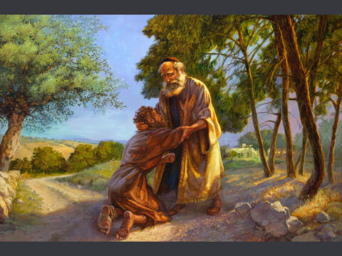 O retorno do filho pródigo. “A seguir, levantou-se e foi para seu pai. Estando ainda longe, seu pai o viu e, cheio de compaixão, correu para seu filho, e o abraçou e beijou.” (Lucas 15:20) Texto completo: Lucas 15:11–32 – Slide número 10