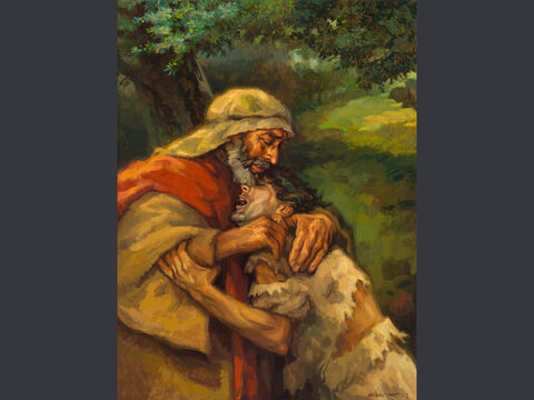A parábola do filho pródigo – Pintura 2. “A seguir, levantou-se e foi para seu pai. Estando ainda longe, seu pai o viu e, cheio de compaixão, correu para seu filho, e o abraçou e beijou. O filho lhe disse: ‘Pai, pequei contra o céu e contra ti. Não sou mais digno de ser chamado teu filho’”. (Lucas 15:20–21) Texto completo: Lucas 15:11–32 – Slide número 11