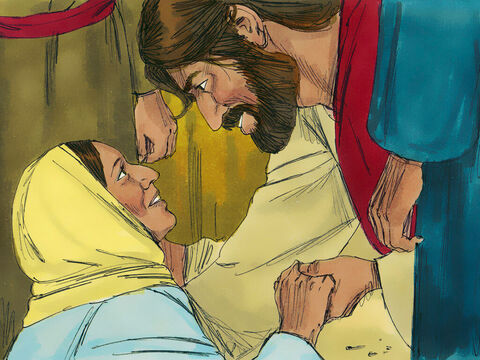 A mulher veio tremendo e caiu a Seus pés. Ela confessou na frente de todos que O havia tocado e tinha sido curada instantaneamente. Jesus respondeu: “Filha, sua fé lhe curou. Vá em paz”. – Slide número 9