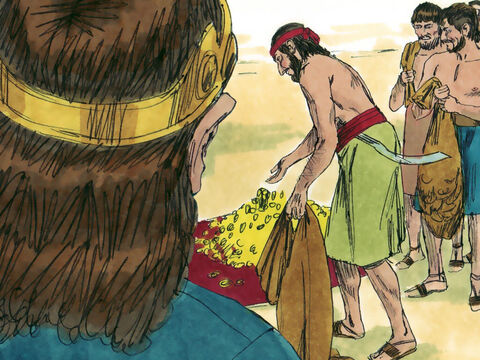 Quando Josafá se tornou rei, o povo de Judá trouxe presentes para ele, e ele se tornou um homem rico. Ele decidiu seguir os caminhos de Deus e obedecer às Suas leis em vez de adorar ídolos. – Slide número 2