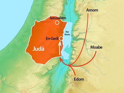 Os amonitas, moabitas e edomitas se uniram e já estavam em En-Gedi, ao sul de Jerusalém. – Slide número 2