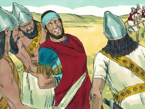 Mas eles foram descobertos enquanto corriam em direção ao vale do Jordão. Os babilônios capturaram o rei Zedequias perto de Jericó. Todos os seus soldados o abandonaram e fugiram. – Slide número 13