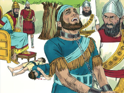 Os cruéis babilônios fizeram Zedequias assistir enquanto eles matavam seus filhos. Então eles arrancaram os olhos de Zedequias e o levaram para a Babilônia acorrentado, um prisioneiro. – Slide número 14