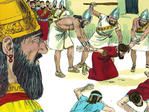 O general babilônico levou os mais importantes sacerdotes e oficiais da corte e comandantes do exército para o acampamento de Nabucodonosor. Lá, os babilônios os espancaram até a morte. – Slide número 16