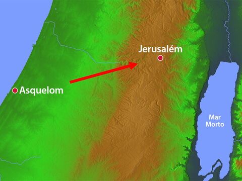 O rei Nabucodonosor derrotou a cidade filisteia de Asquelom e então se dirigiu a Jerusalém. – Slide número 17