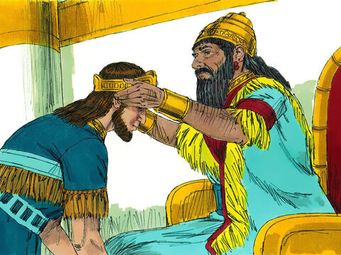 O rei da Babilônia nomeou o tio-avô do rei Joaquim, Matanias, para ser o próximo rei e ele mudou seu nome para Zedequias. – Slide número 26