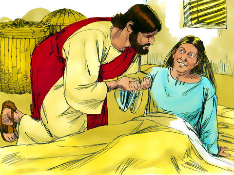 Jesus, inclinando-se para ela,  repreendeu a febre, que a deixou. Ela se levantou imediatamente e preparou uma refeição para todos eles. – Slide número 8