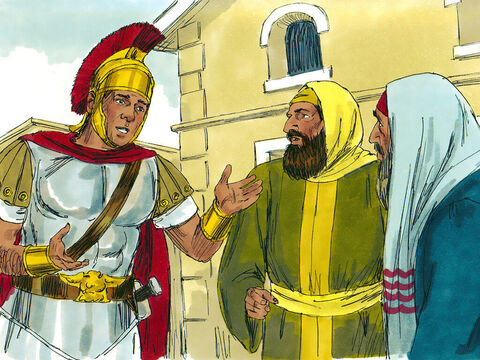 O Centurião foi a alguns líderes judeus respeitados em Cafarnaum e pediu-lhes que pedissem a Jesus que viesse e curasse seu servo. – Slide número 3