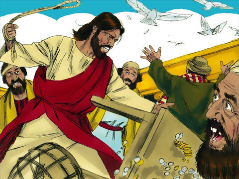 Jesus derrubou as mesas dos cambistas corruptos. Ele derrubou os bancos daqueles que vendiam pombas. – Slide número 3