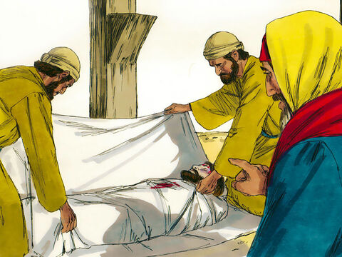 José desceu o corpo de Jesus, envolveu-o em um pano de linho e levou-o para uma tumba vazia escavada na rocha. – Slide número 13