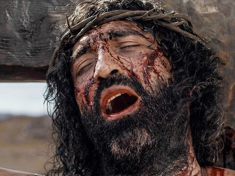 Por volta das três da tarde, Jesus gritou em voz alta: <br/>– Meu Deus, meu Deus, por que me abandonaste? – Slide número 9