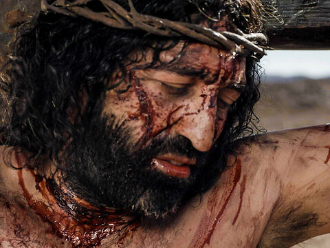 Entretanto, como Jesus já estava morto, um soldado empurrou uma lança no seu lado e seu sangue foi drenado. Cumpriu-se as profecias de que "nenhum de Seus ossos será quebrado" (Salmo 34:20), e "olharão para aquele a quem traspassaram" (Zacarias 12:10). – Slide número 15