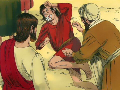 Quando o espírito viu Jesus, imediatamente o menino teve uma convulsão. Ele caiu no chão e rolou, espumando pela boca. – Slide número 5