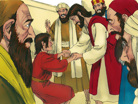 Mas Jesus o pegou pela mão e o pôs de pé, e ele se levantou. – Slide número 10