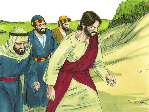 A festa da Páscoa estava se aproximando. Jesus conduziu os discípulos pelo longo e íngreme caminho em direção a Jerusalém. – Slide número 1