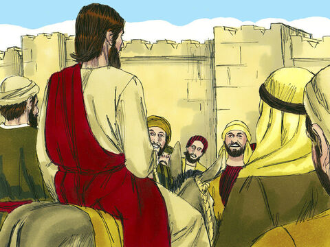 Os dois discípulos levaram o jumento a Jesus. Eles jogaram suas capas sobre o jovem jumento, então Jesus sentou-se nele. – Slide número 6