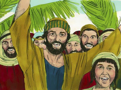 As pessoas correram à frente de Jesus gritando, “Hosana ao Filho de Davi!” (Hosana significa “Salve”). Outros gritavam: “Bendito o que vem em nome do Senhor!” – Slide número 8