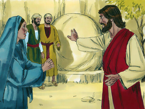 Jesus foi levado ao túmulo. Era uma caverna com uma pedra pesada rolada na porta. “Rolem a pedra para o lado”, disse Jesus. Marta protestou: “Agora o cheiro estará terrível, pois ele está morto há quatro dias”. – Slide número 10