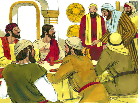 Mais tarde, Mateus deu um banquete em sua casa tendo Jesus como seu convidado de honra. Muitos dos cobradores de impostos companheiros de Levi e outros convidados também comiam do banquete com eles. – Slide número 4