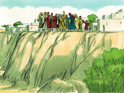 Jesus foi arrastado até a beira do penhasco onde Nazaré foi construída. A multidão enfurecida pretendia jogá-lo do penhasco para a morte. – Slide número 10