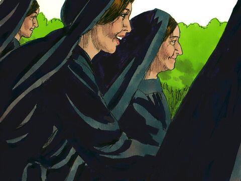 As mulheres correram para dizer aos discípulos que Jesus estava vivo. Mas os discípulos não acreditaram nelas. Pedro e João correram ao túmulo para ver o que havia acontecido. – Slide número 9
