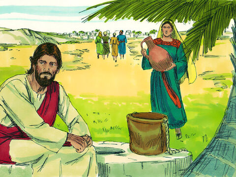 Jesus sentou-se ao lado do poço para descansar enquanto Seus discípulos foram à cidade comprar comida. Uma mulher samaritana veio buscar água. – Slide número 3