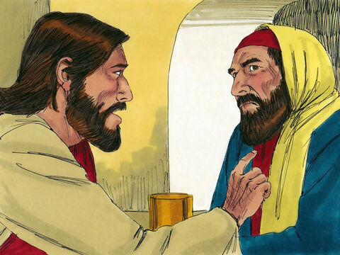Jesus sabia o que seu anfitrião estava pensando. “Simão”, disse ao fariseu, “tenho algo a lhe dizer”. “Sim, Mestre”, respondeu Simão, “diga-me”. – Slide número 6