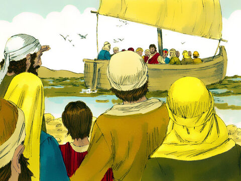 Deixando as multidões para trás, eles entraram em um barco e partiram. – Slide número 2