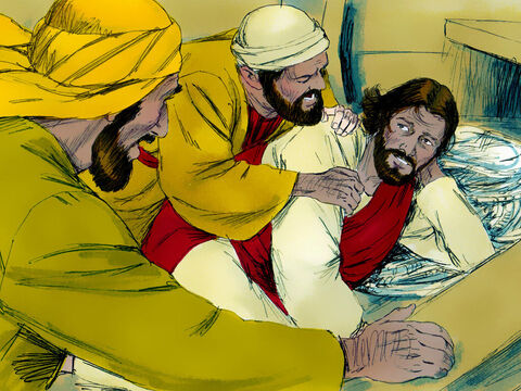 Jesus ainda estava dormindo em uma almofada na parte de trás do barco. Os discípulos o acordaram. “Mestre, tu não te importas se nos afogarmos!” Jesus respondeu: “Homens de pouca fé, por que estão com tanto medo?” – Slide número 7