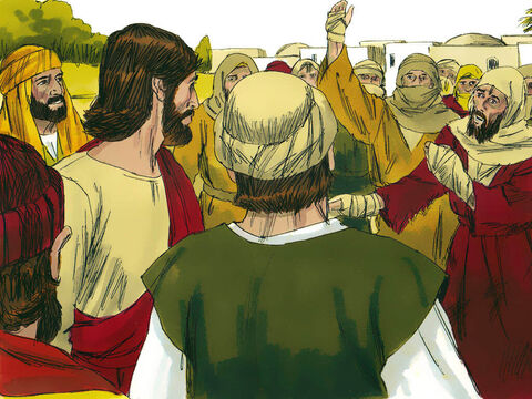 Assim que Jesus entrou na vila, dez homens com lepra ficaram  a uma distância, clamando em alta voz: “Jesus, Mestre, tem misericórdia de nós!” – Slide número 2