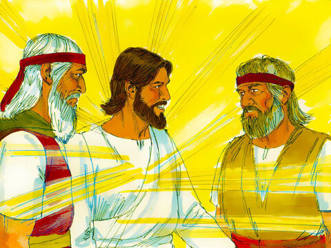Dois homens, Moisés e Elias, apareceram em esplendor glorioso, conversando com Jesus. Eles falaram sobre as coisas que estavam para acontecer a Jesus para que se cumprissem as escrituras. – Slide número 5