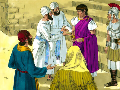 De manhã cedo, os príncipes dos sacerdotes e os anciãos amarraram Jesus e levaram-no a Pilatos, o governador romano. – Slide número 1
