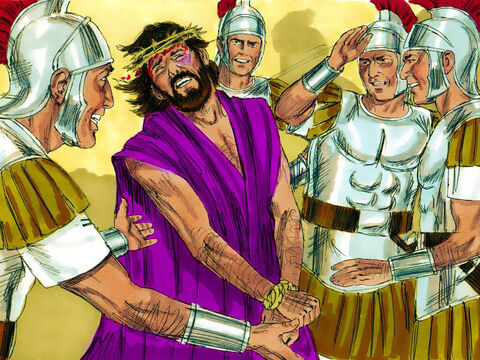 Então, Herodes, zombeteiramente vestiu Jesus com um manto real e colocou uma coroa de espinhos em Sua cabeça. Os soldados de Herodes ridicularizaram e bateram em Jesus. – Slide número 8