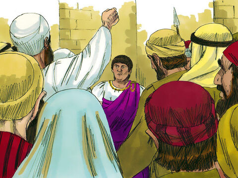 Mas os príncipes dos sacerdotes e anciãos incitaram a multidão a gritar: “Crucifique-o! Crucifique-o!“ – Slide número 12