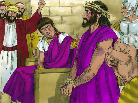 "O que devo fazer com Jesus, que é chamado de Messias?", perguntou Pilatos. “Crucifique-o!”, foi a resposta. – Slide número 14