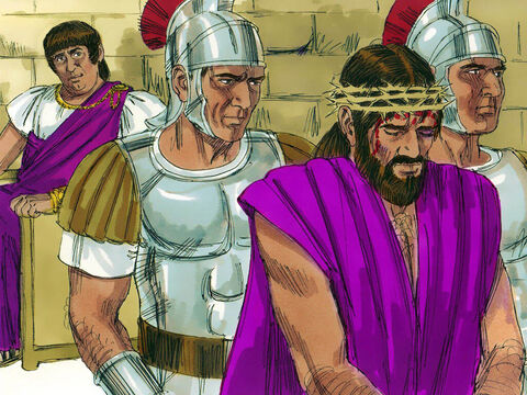 Pilatos libertou Barrabás e entregou Jesus para ser açoitado e crucificado. – Slide número 16