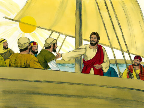 Depois de acalmar uma terrível tempestade, Jesus e Seus discípulos continuaram sua jornada pelo Lago da Galileia. – Slide número 1