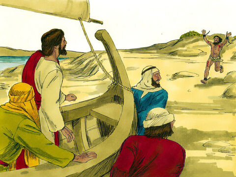 Quando Jesus e seus discípulos puxaram o barco para a praia, ele correu em direção a eles. – Slide número 5