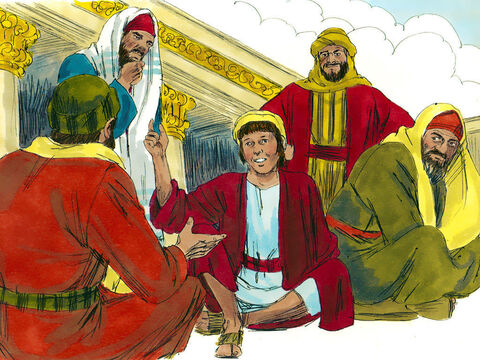 Tendo procurado e procurado, eles entraram no Templo e, de repente, O viram. Jesus estava sentado com os mestres da lei de Deus. – Slide número 6