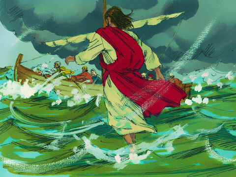 Pouco antes do amanhecer, Jesus terminou de orar e começou a andar pelo caminho mais rápido de volta a Cafarnaum - atravessando o mar. – Slide número 4
