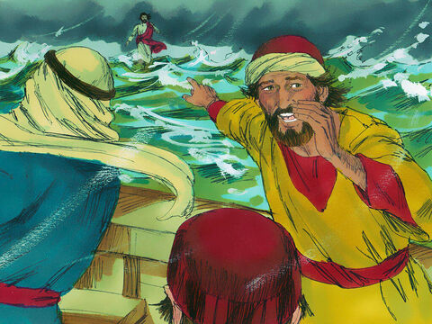 Ele ia passar pelo barco, mas os discípulos o viram. “É um fantasma!”, gritaram aterrorizados. – Slide número 5