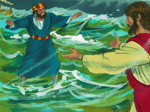 Pedro saiu do barco e começou a caminhar em direção a Jesus. Mas, quando ele ouviu o som do vento e viu as ondas, começou a duvidar que pudesse se manter à tona. – Slide número 8