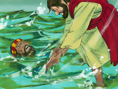 Jesus estendeu a mão e segurou Pedro. “Você tem tão pouca fé”, Jesus disse a ele. “Por que você duvidou?”. Jesus colocou Pedro no barco e subiu a bordo para se juntar aos discípulos. – Slide número 10