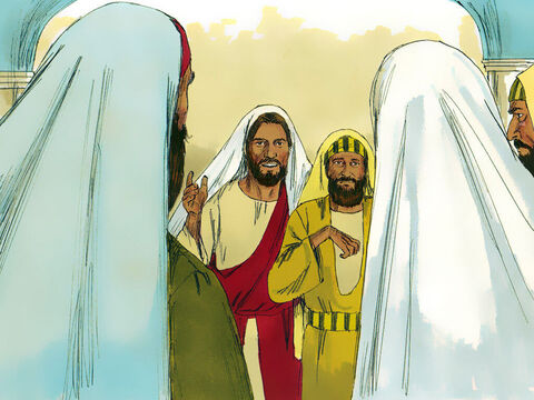 Jesus sabia o que eles estavam pensando e disse ao homem com a mão atrofiada: “Levante-se e fique na frente de todos”. O homem se levantou. – Slide número 6